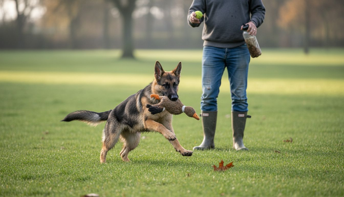 En schæferhund boltrer sig og har det sjovt i parken