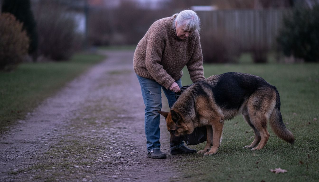 En hundeejer lufter sin hund ad en mudret sti i haven.