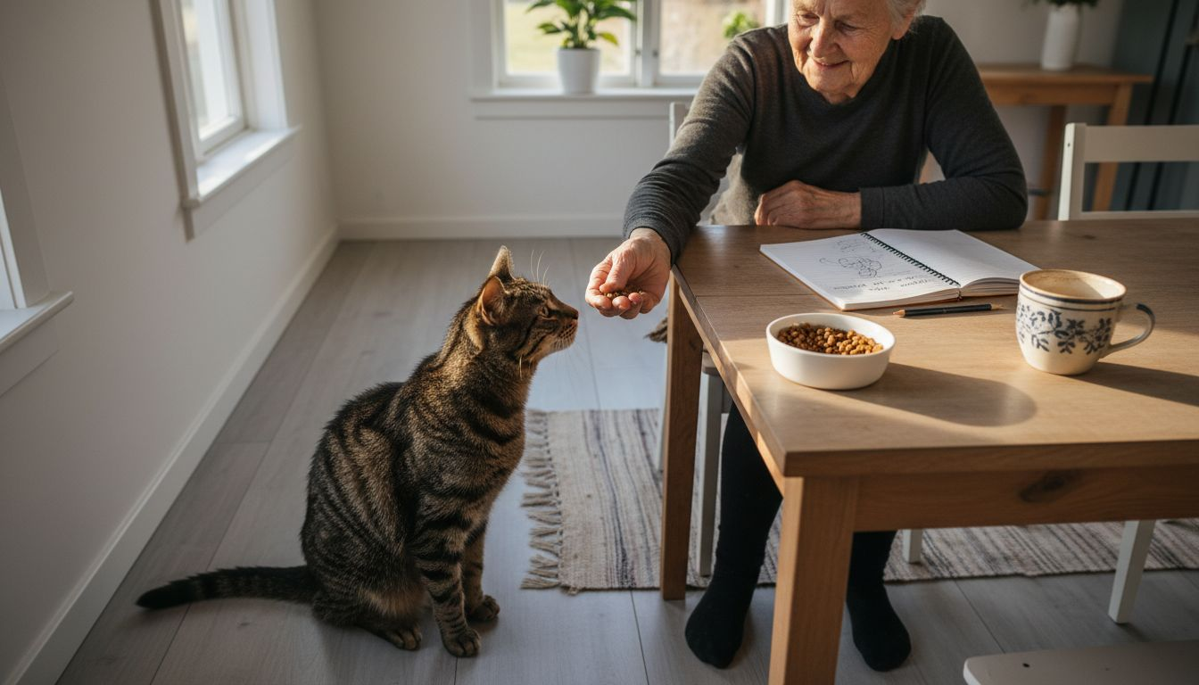En kvinde giver sin kat mad ved spisebordet