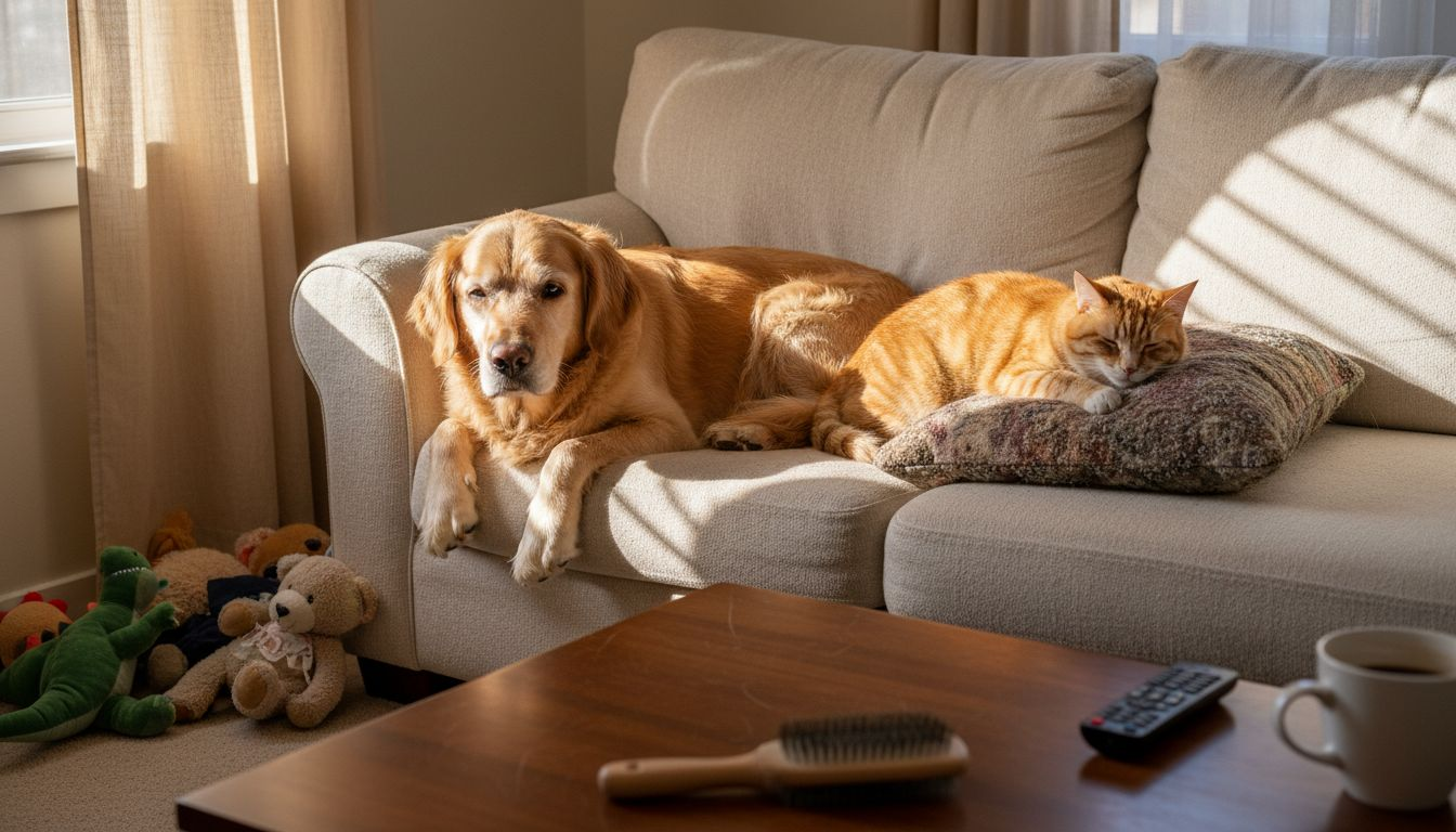 Hund og kat ligger sammen NB på sofaen og rese lidt utilpasse.