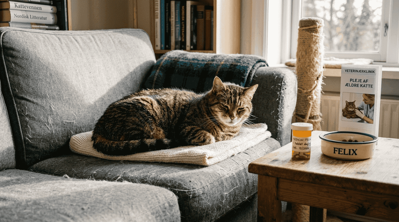 En ældre stribet kat ligger afslappet ved siden af sin mad og medicin.