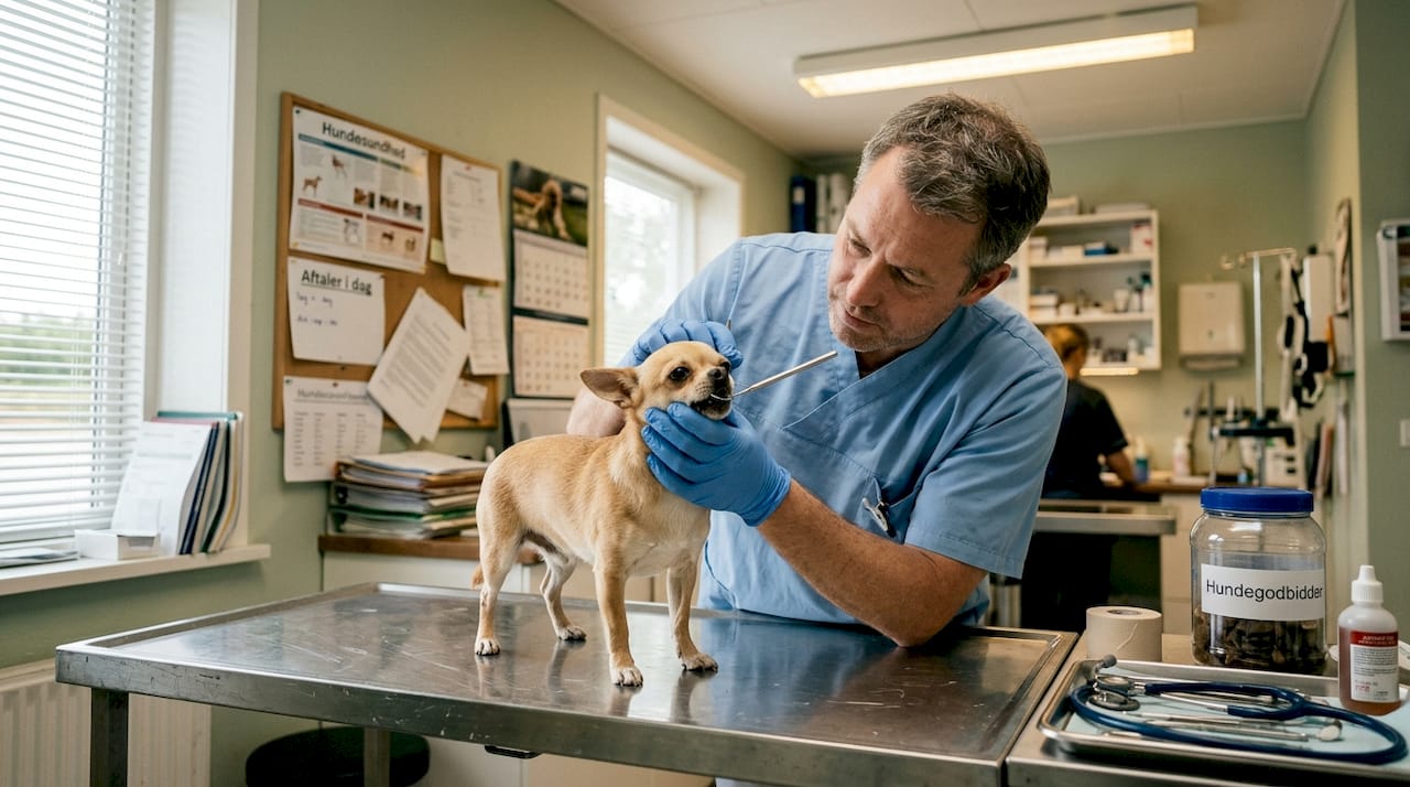 Dyrlægen undersøger tænderne på en lille hund under et klinikbesøg.