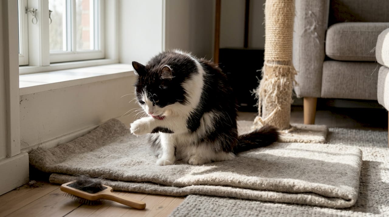 Min kat ligger i stuen og slikker sin pels, mens den hygger sig på tæppet.