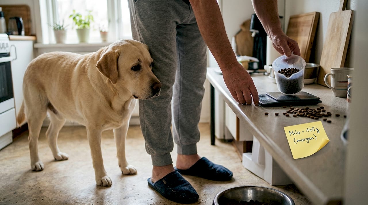 Hundeejer måler nøje op, når den overvægtige hund skal have foder