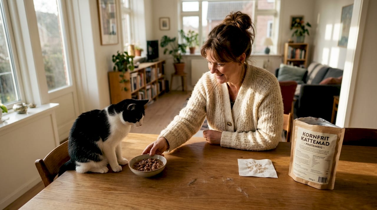 En kvinde rækker hånden frem og giver sin kat proteinrigt foder.