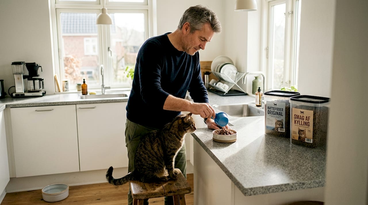 En katteejer står i køkkenet og måler foderet op til katten på køkkenbordet.