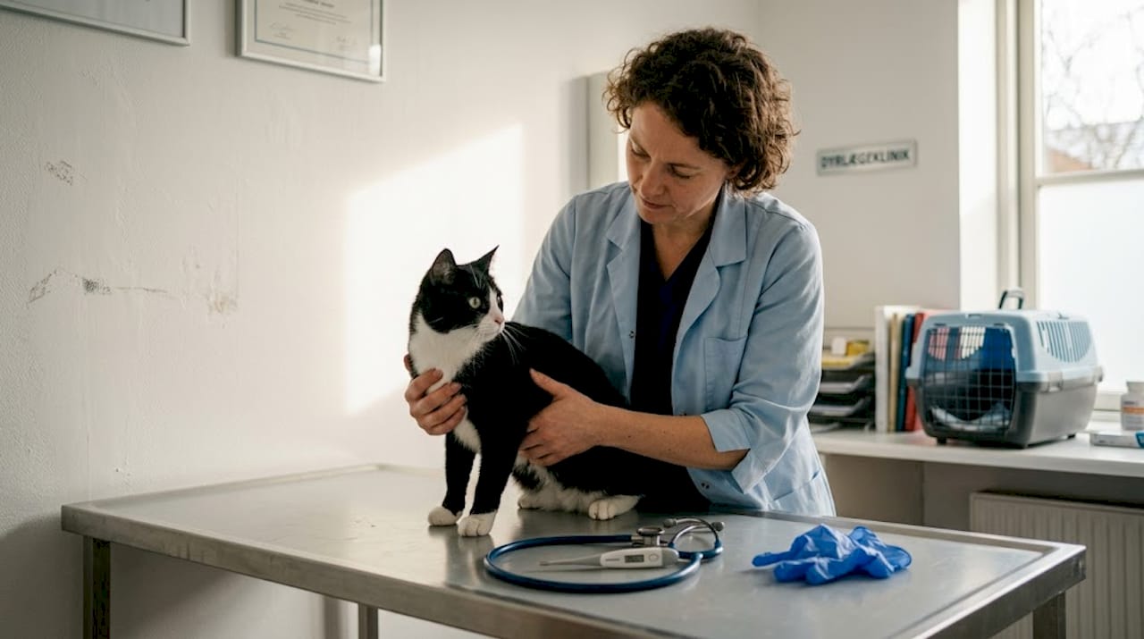 En dyrlæge tjekker en kat på undersøgelsesbordet i klinikken.