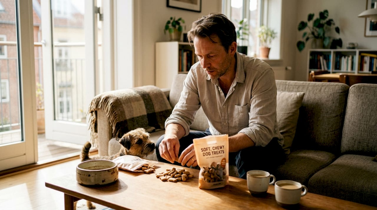 En mand sidder derhjemme og sorterer hundesnacks