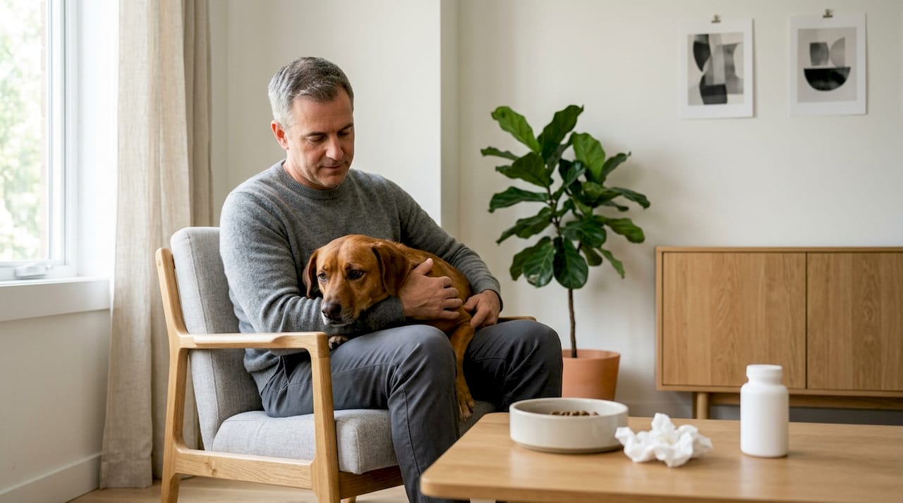 En mand nusser sin trætte hund i stuen og sørger for, at den har det godt.