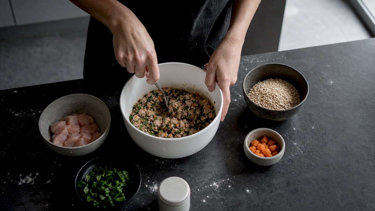 Hjemmelavede ingredienser til hundemad ligger klar på køkkenbordet