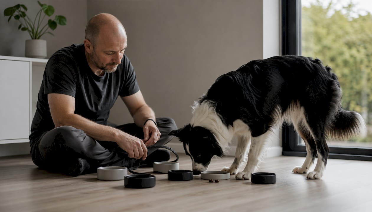En mand laver indendørs snuselege med sin hund