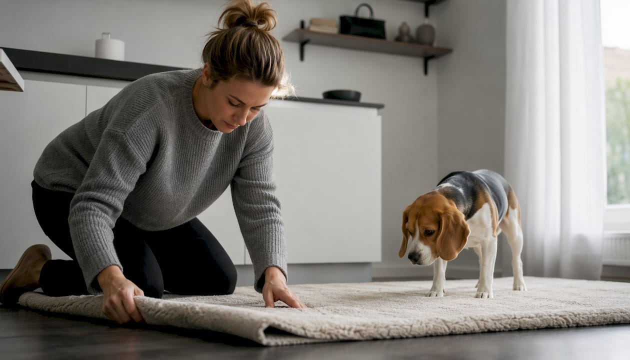 Kvinde gør klar til en sikker legeplads for hunden indendørs