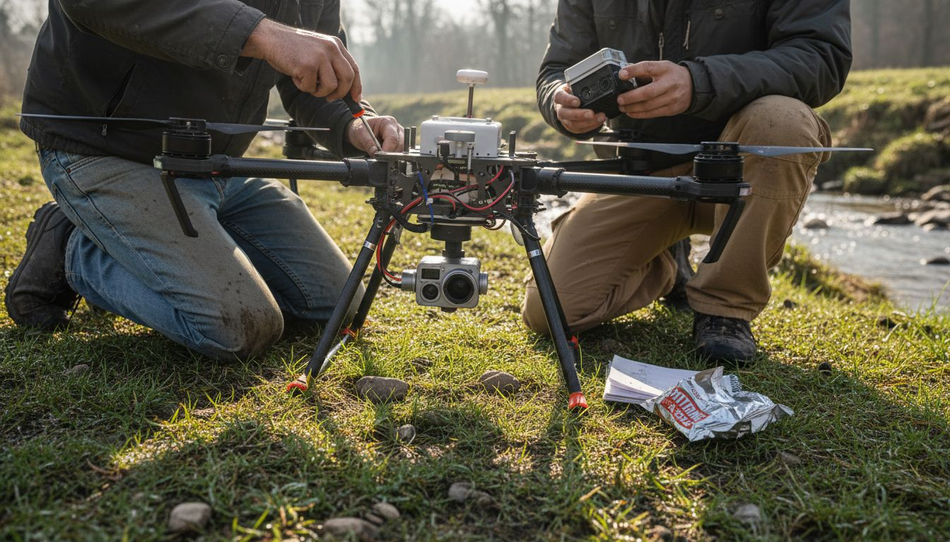 Tecnici al lavoro per installare sensori su un drone vicino a un ruscello