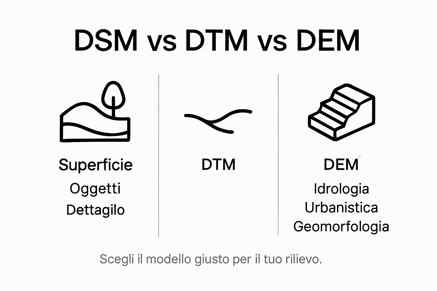 Infografica chiara sulle differenze tra DSM, DTM e DEM: tutto spiegato in modo semplice
