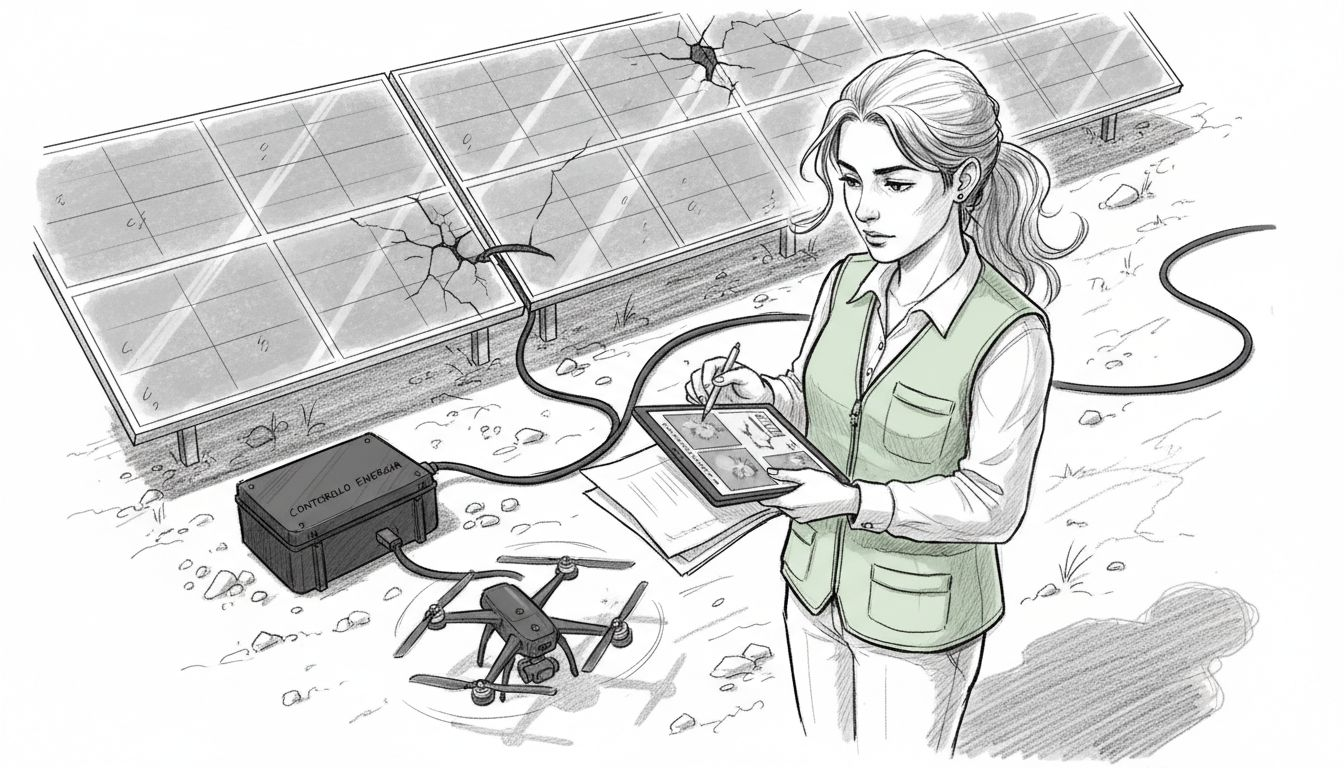 Ingegnere al lavoro nell’analisi delle immagini dei pannelli solari riprese tramite drone