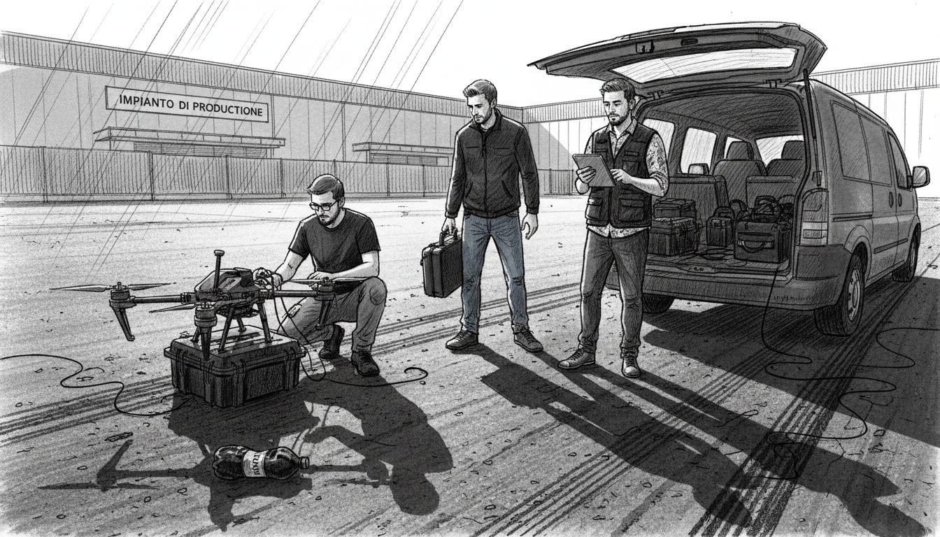 La troupe si sta organizzando per una sessione di riprese con il drone.