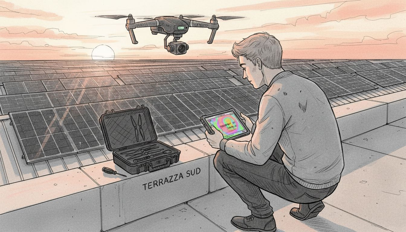 Un tecnico pilota il drone mentre sorvola il tetto di uno stabilimento industriale.