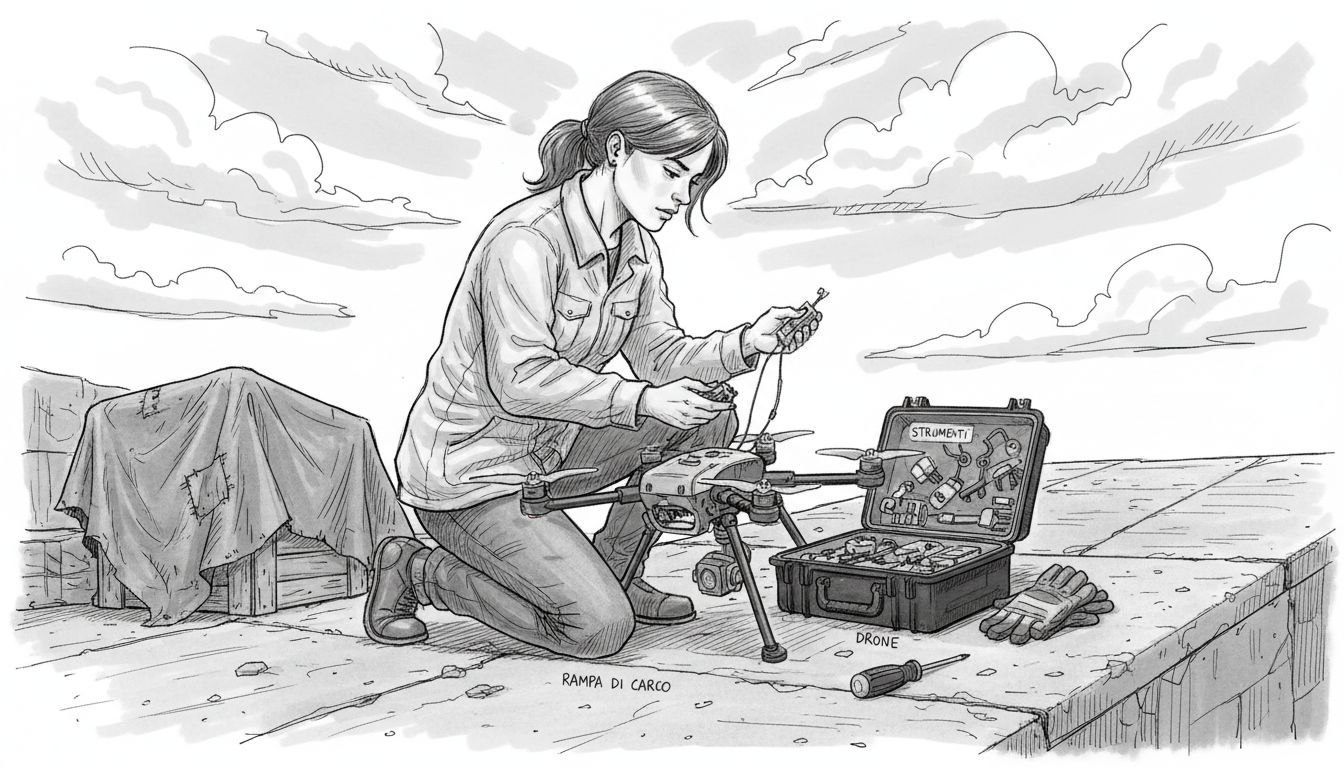 Un ingegnere sta preparando i sensori di un drone sulla pista di decollo.