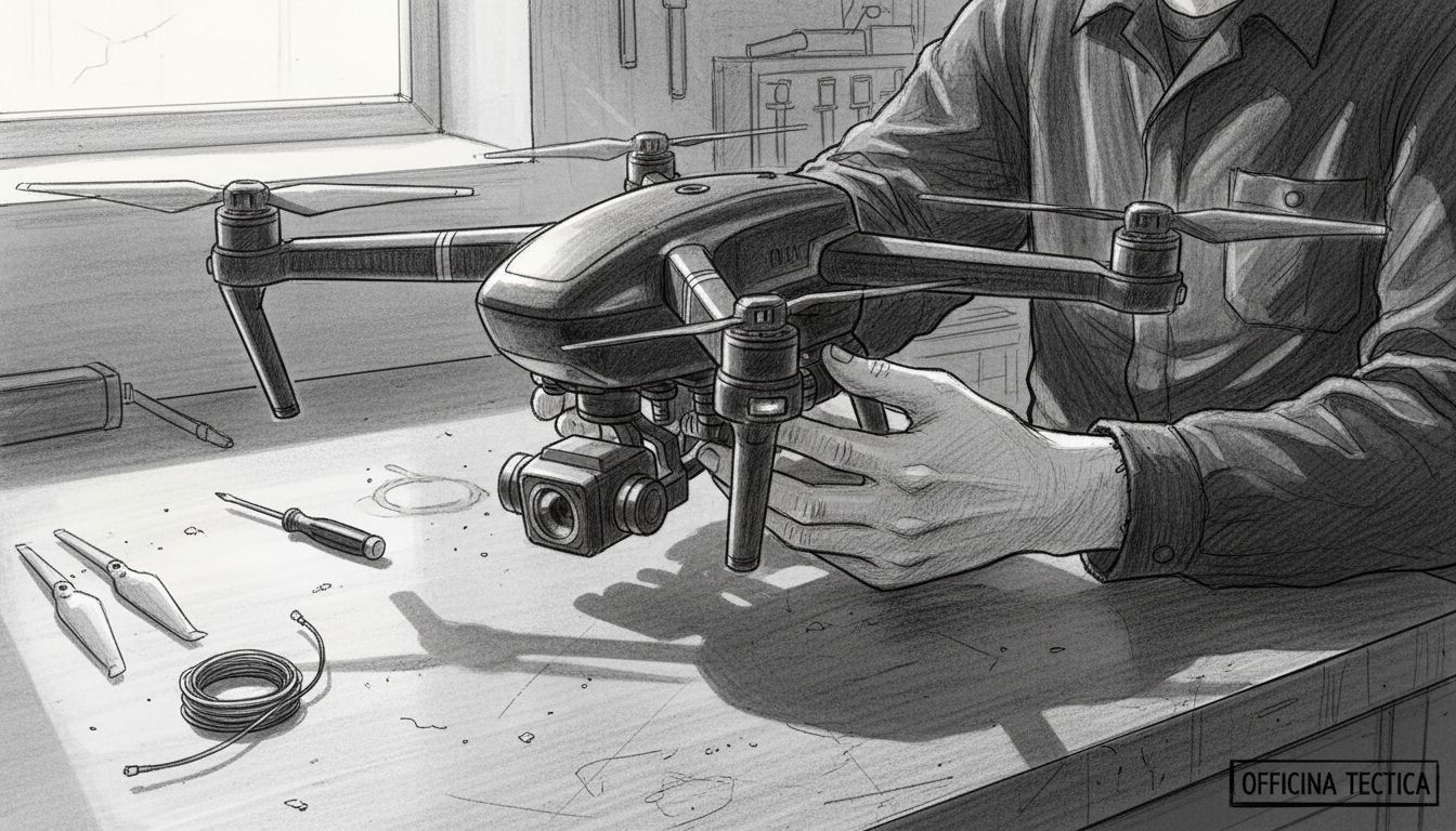 Un tecnico al lavoro sul banco di lavoro mentre monta un drone, curando ogni dettaglio con precisione.