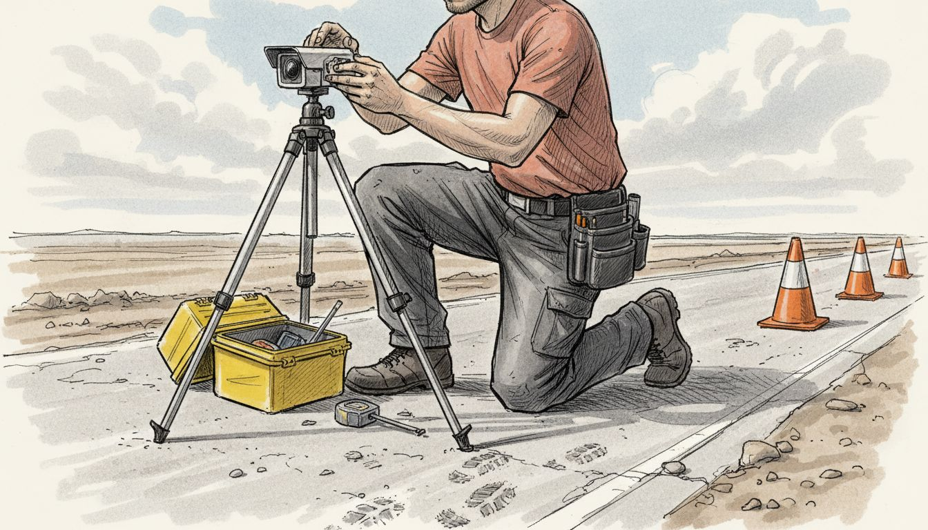 Un tecnico sistema la telecamera sul cantiere stradale.