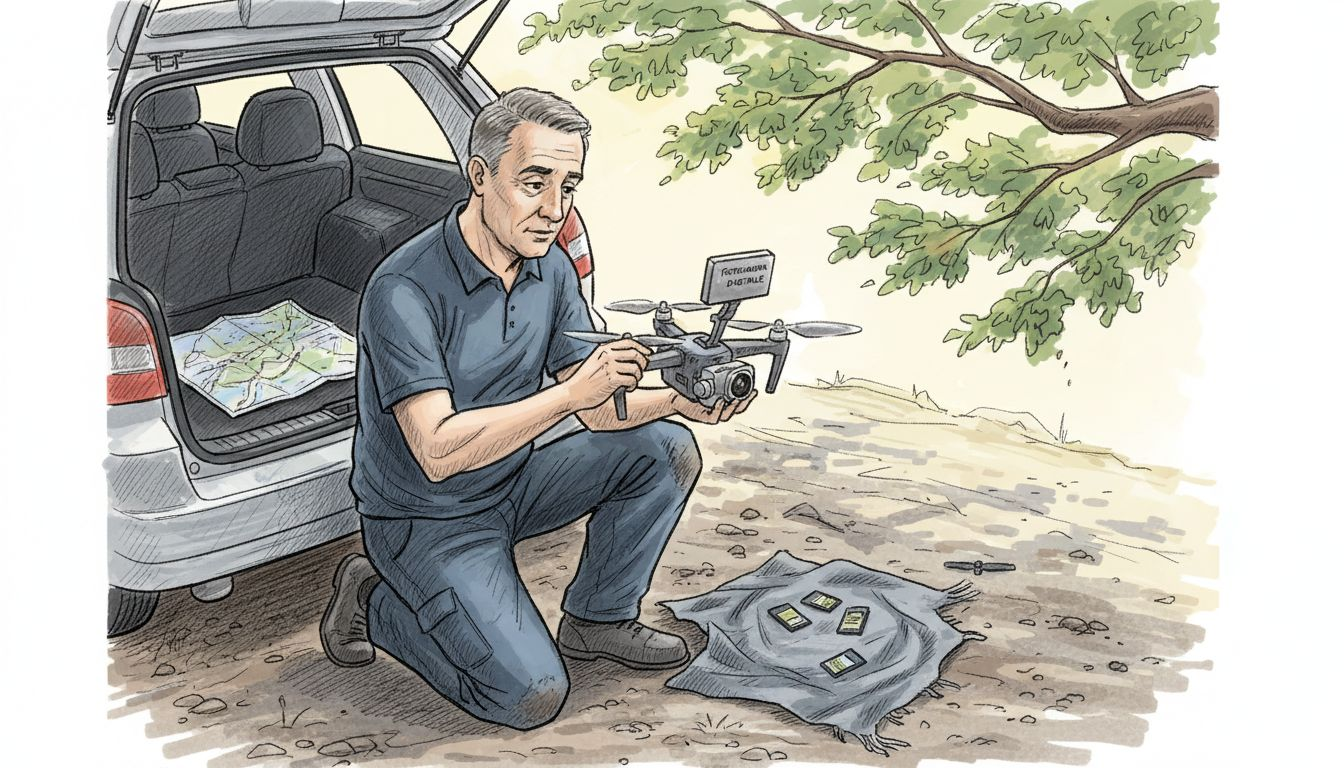 Un tecnico si sta occupando della preparazione della videocamera del drone prima del decollo.