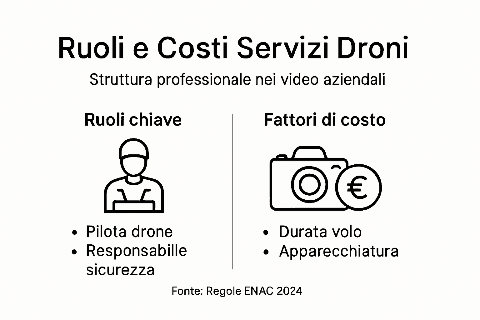 Panoramica illustrata su figure professionali e tariffe dei servizi con droni