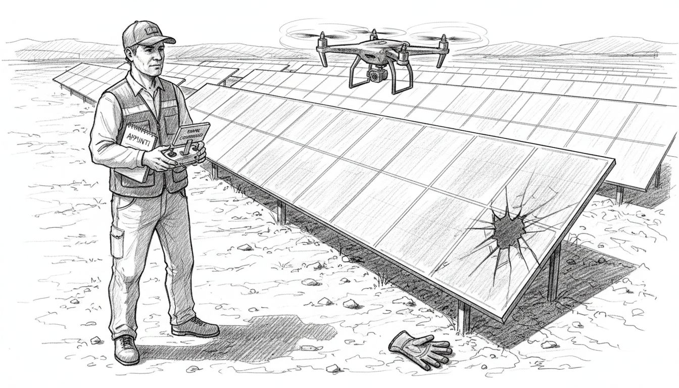 Tecnico che controlla i pannelli solari utilizzando un drone