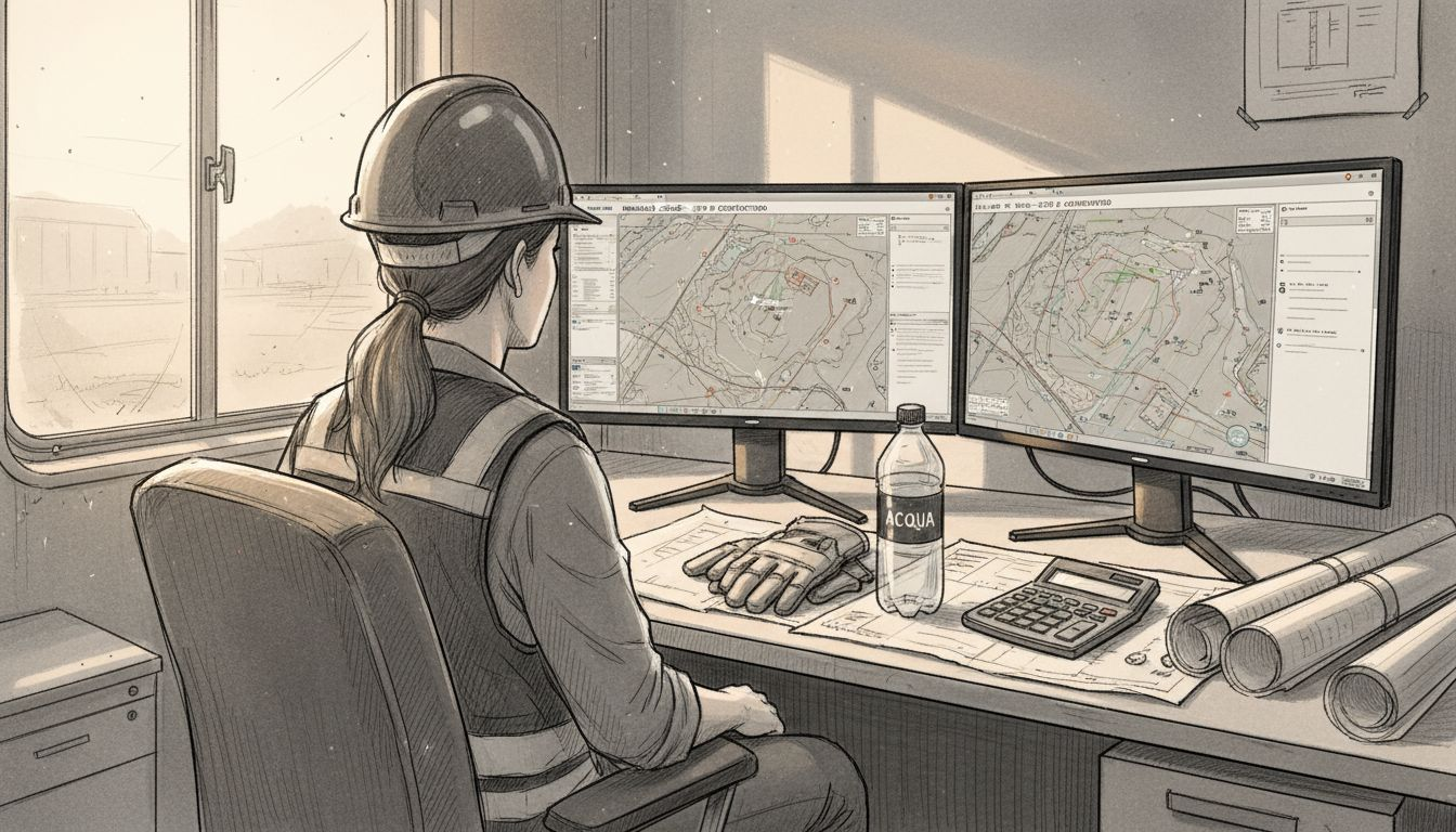 Un ingegnere impegnato nell’analisi dei dati di mappatura raccolti dal drone direttamente sul campo.