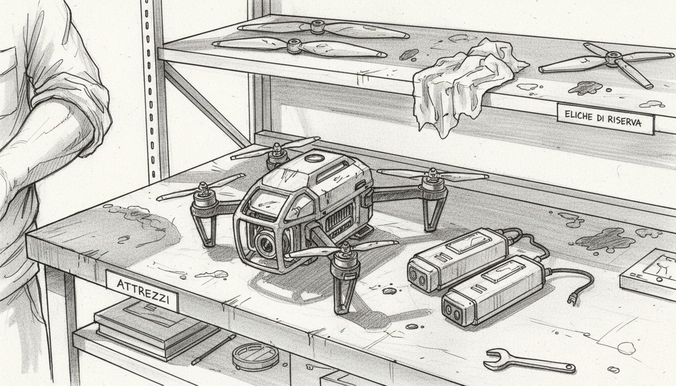 Un drone protetto da una gabbia, dotato di sensori, appoggiato sul banco di lavoro.