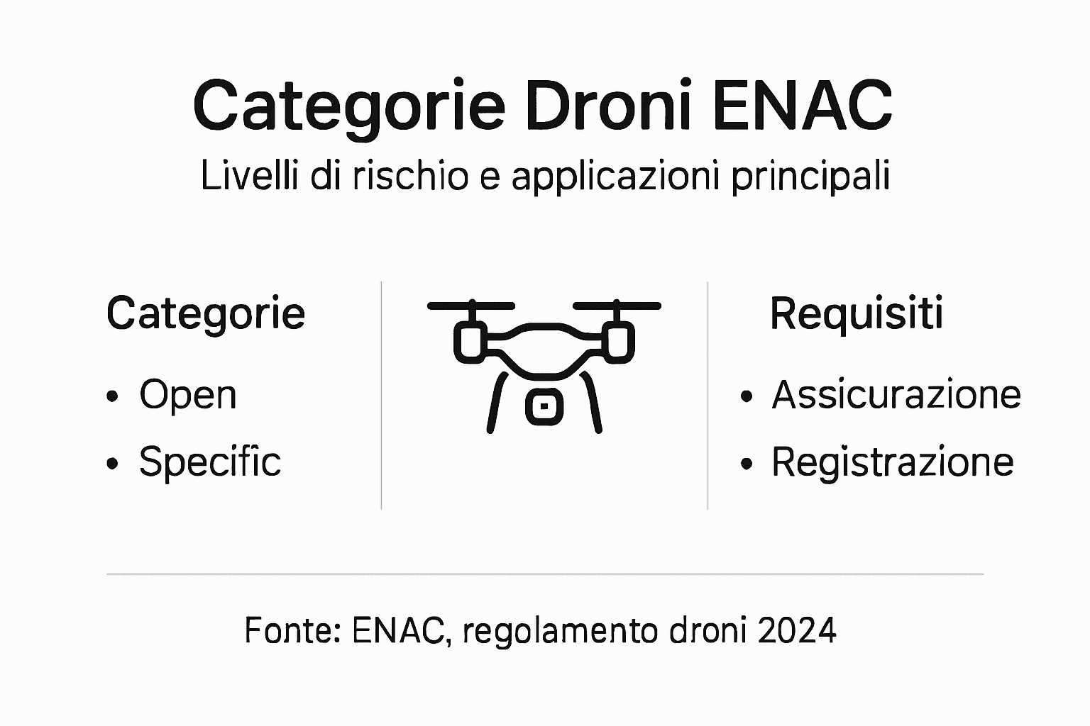 Infografica sulle categorie ENAC e i requisiti necessari per pilotare i droni