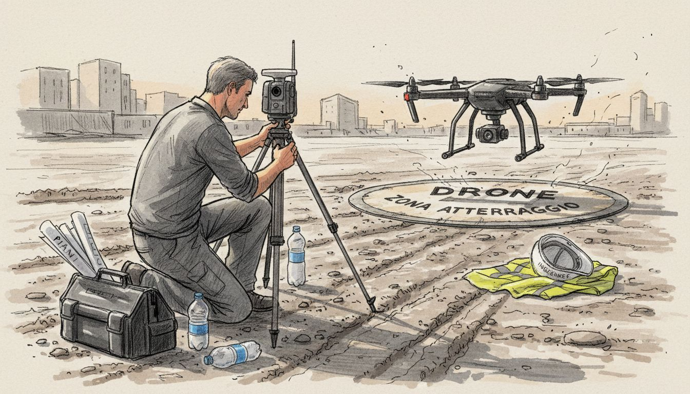 Ingegnere che utilizza un drone per rilievi tecnici in un cantiere