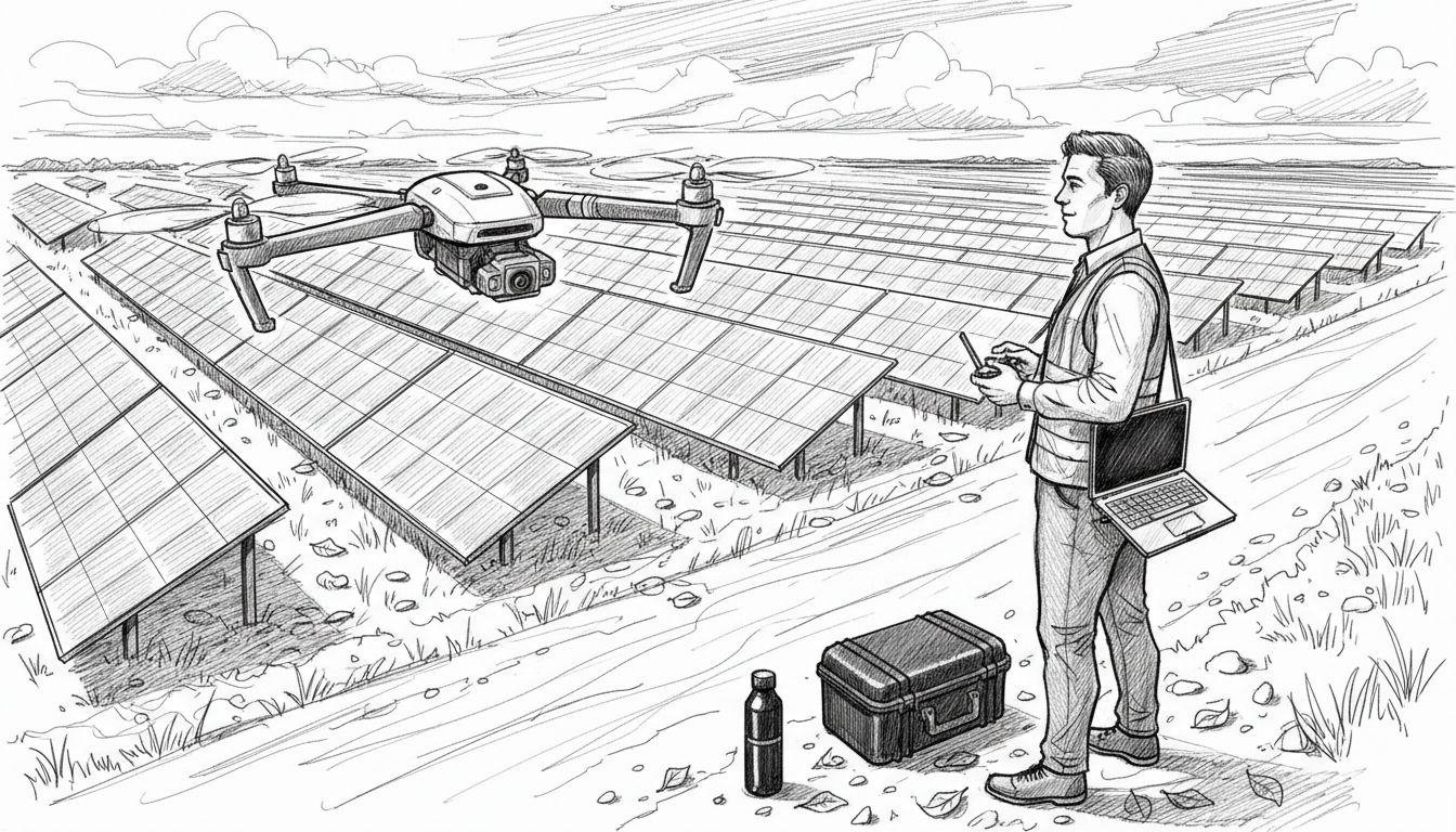 Un tecnico pilota un drone per effettuare la termografia dei parchi solari.