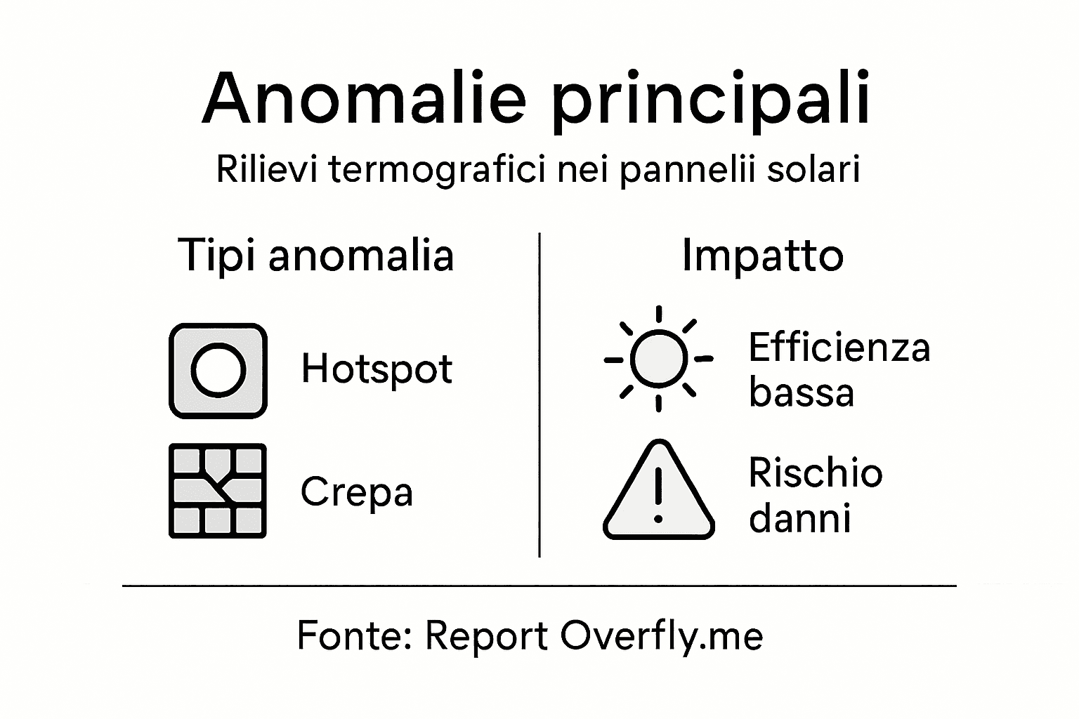 Infografica sulle principali anomalie dei pannelli solari e le conseguenze sul loro rendimento