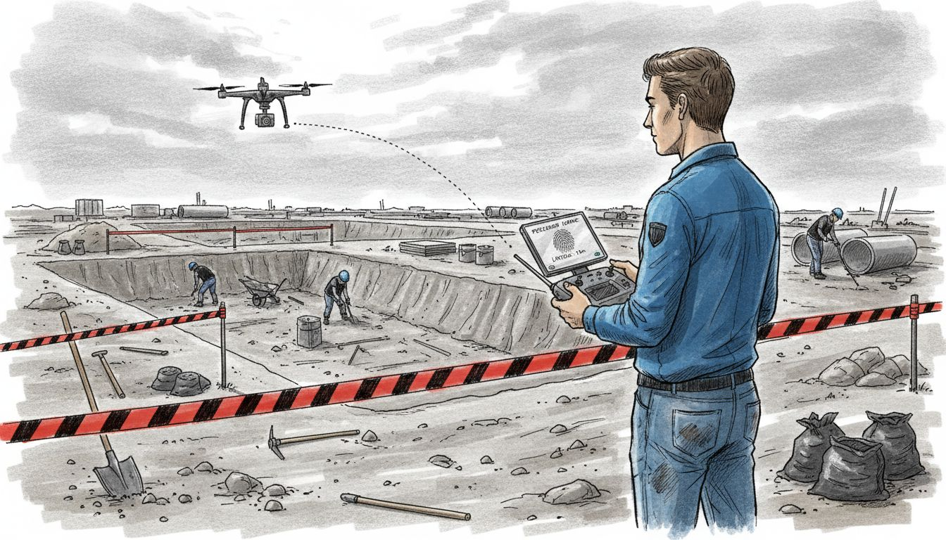 Un tecnico pilota un drone sorvolando l’area degli scavi nel cantiere.