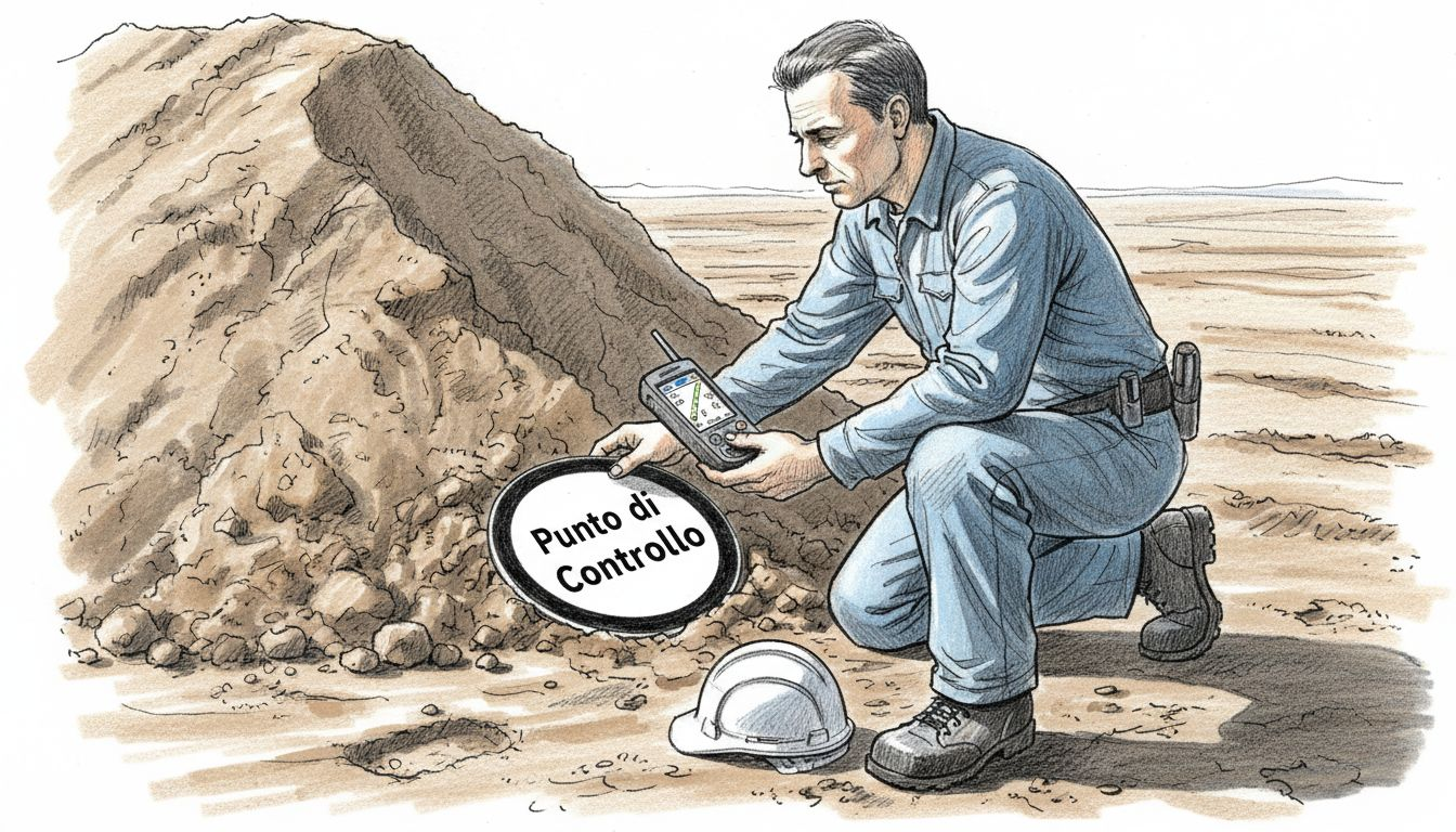 Il tecnico di cantiere sistema il punto di riferimento per il volo del drone.