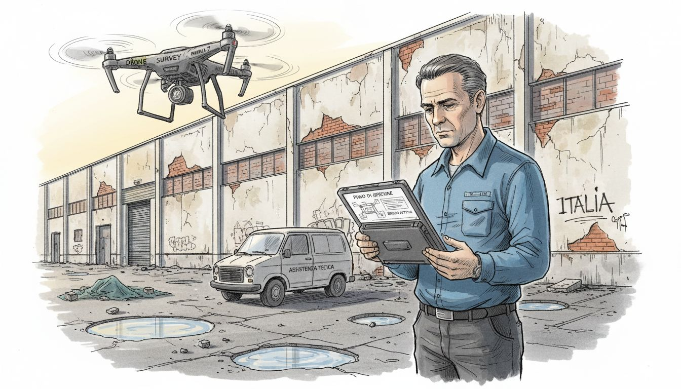 Un ingegnere ispeziona un edificio all’aperto utilizzando un drone.