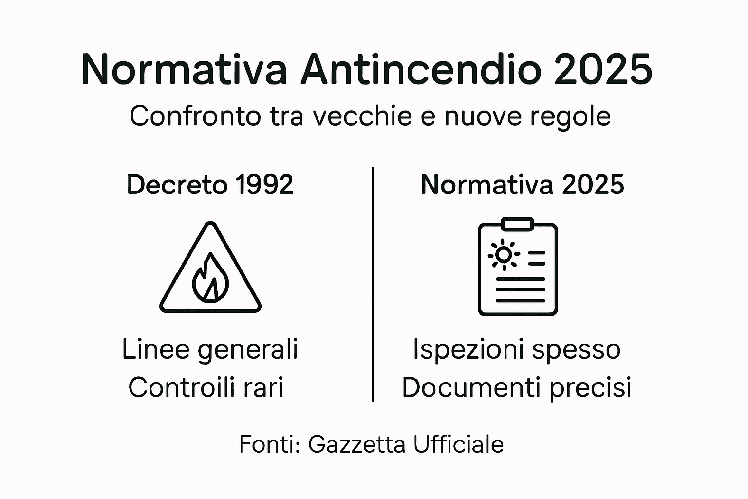 Infografica comparativa sulle norme antincendio: evoluzione dal 1992 al 2025