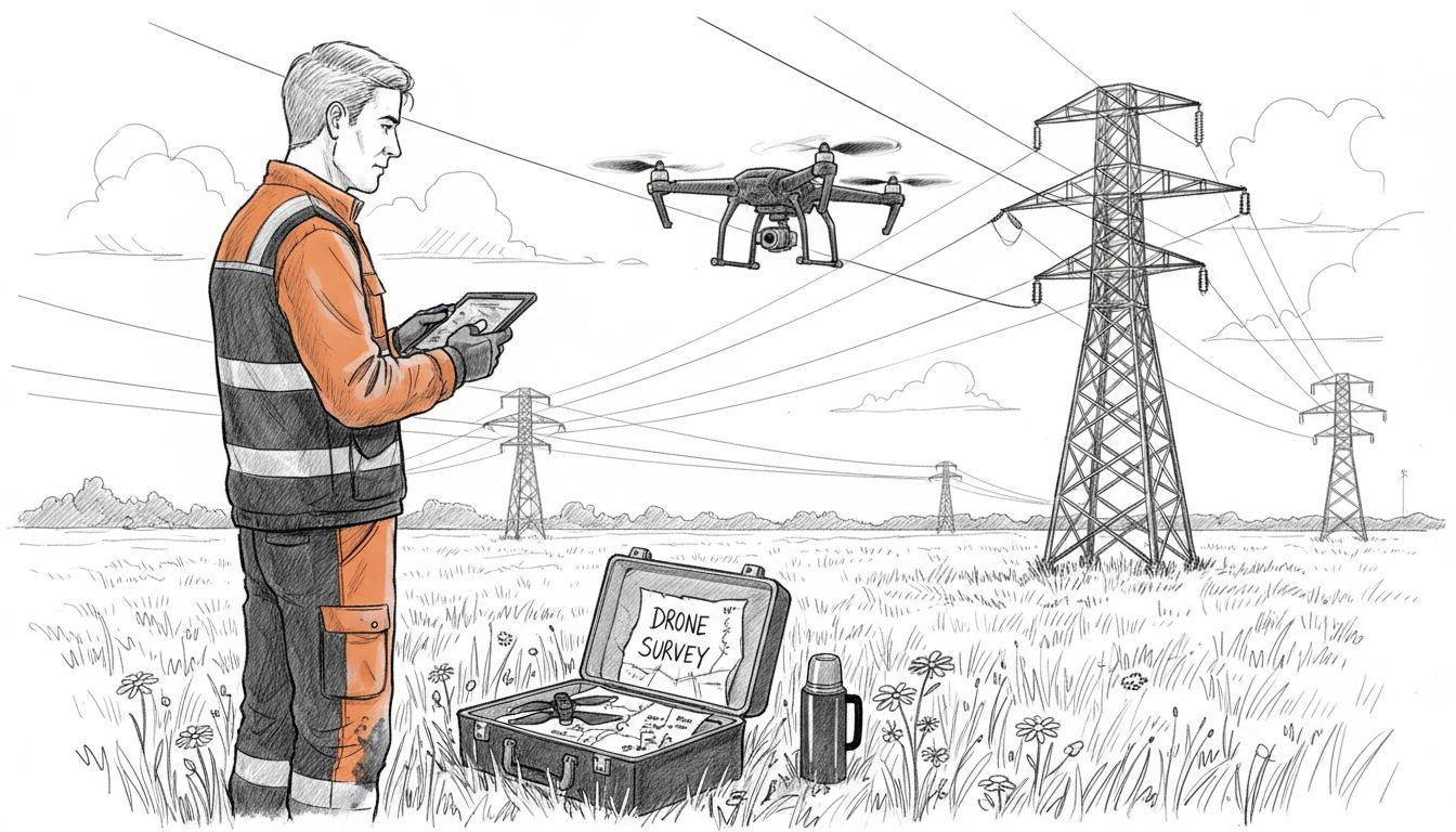 Tecnico che utilizza un drone per ispezionare le linee elettriche