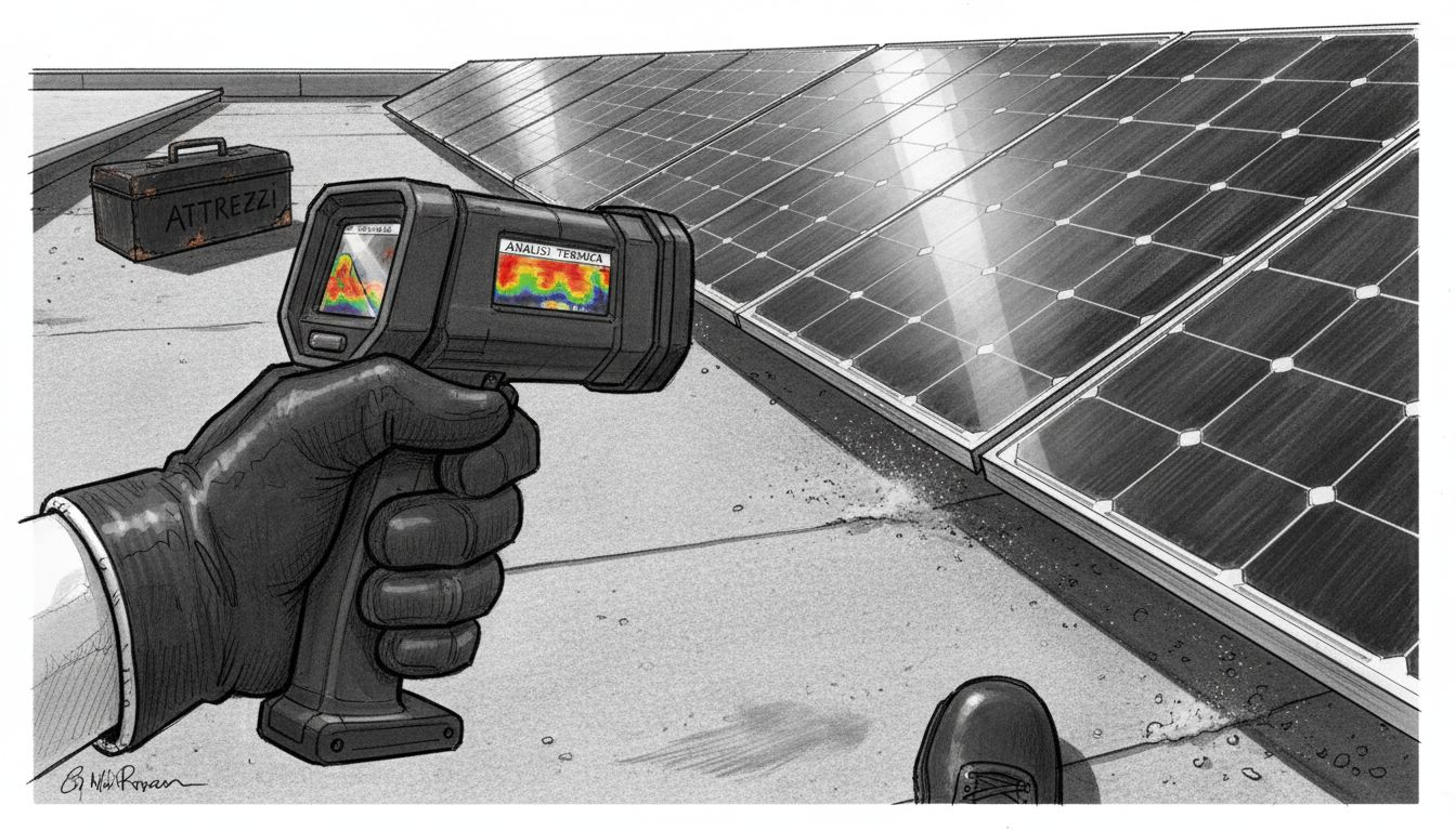 Un tecnico sta effettuando controlli sui pannelli solari utilizzando una termocamera per individuare eventuali anomalie.