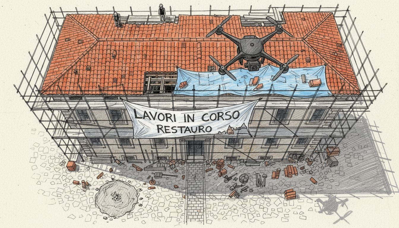 Un drone sorvola un edificio in fase di ristrutturazione.