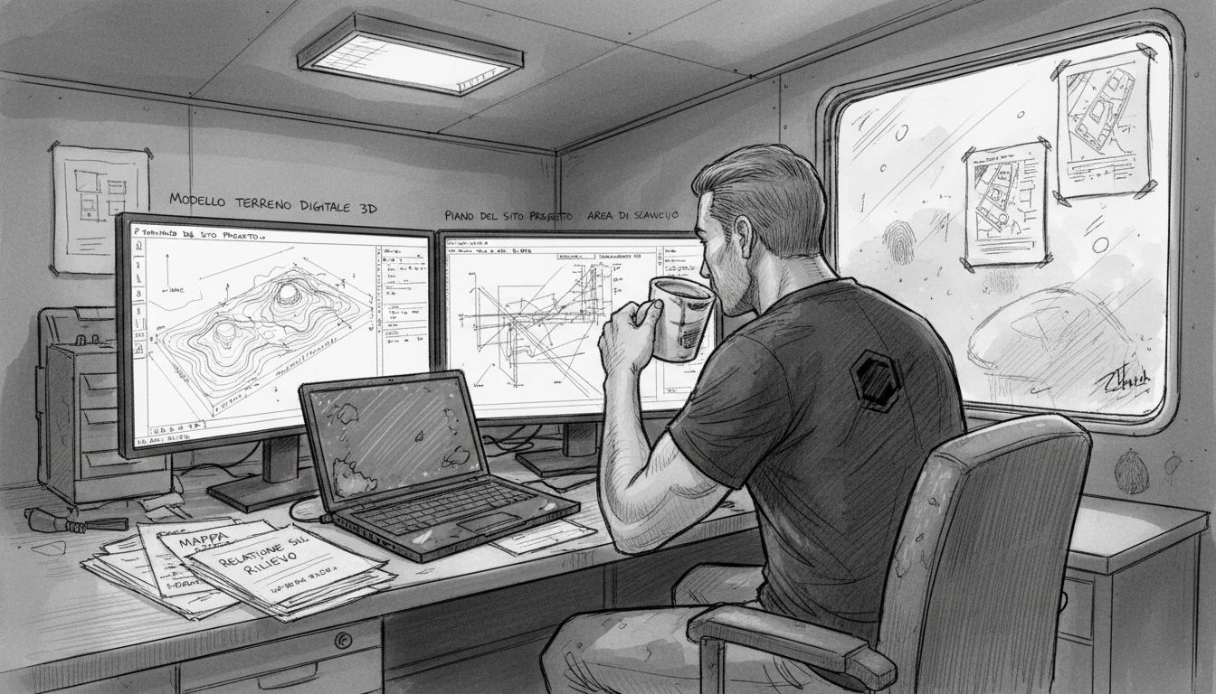Un tecnico al lavoro su modelli di fotogrammetria, gestendo le immagini e i dati su due monitor.