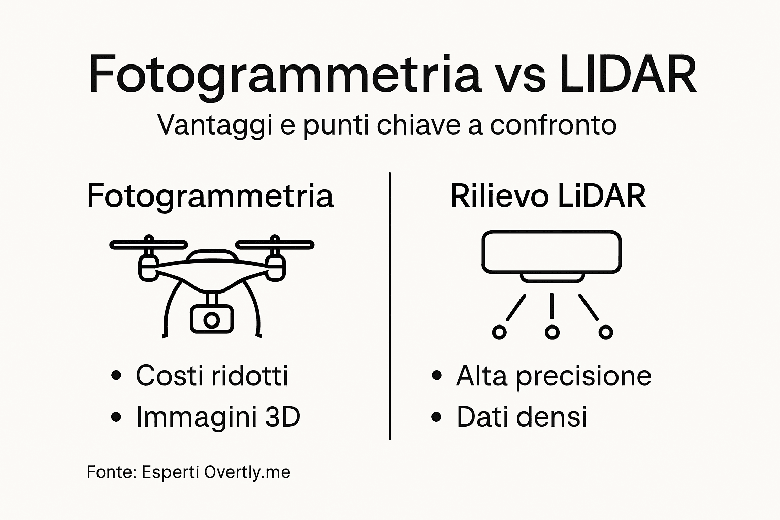 Infografica: confronto tra fotogrammetria e rilievo LiDAR – vantaggi, differenze e applicazioni