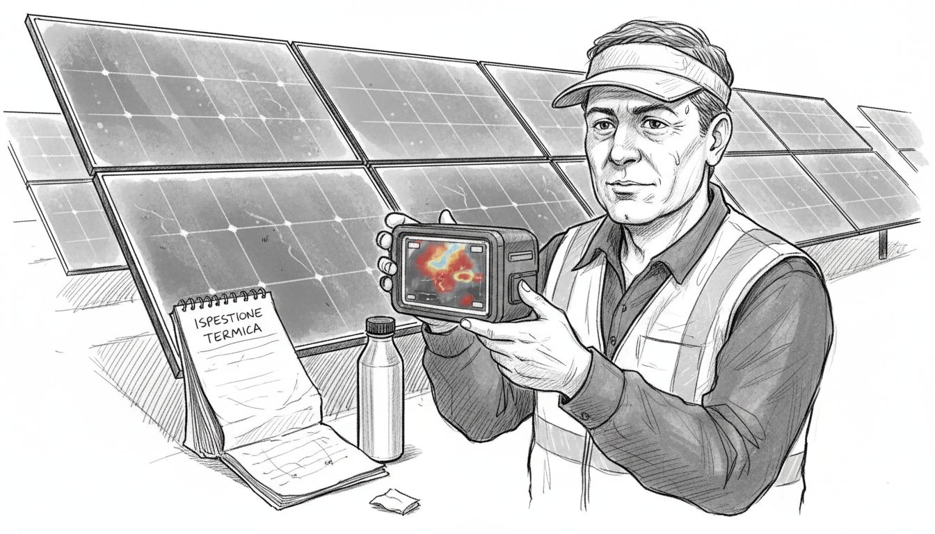 Un tecnico sta effettuando un controllo termografico sui pannelli solari per verificarne il corretto funzionamento.