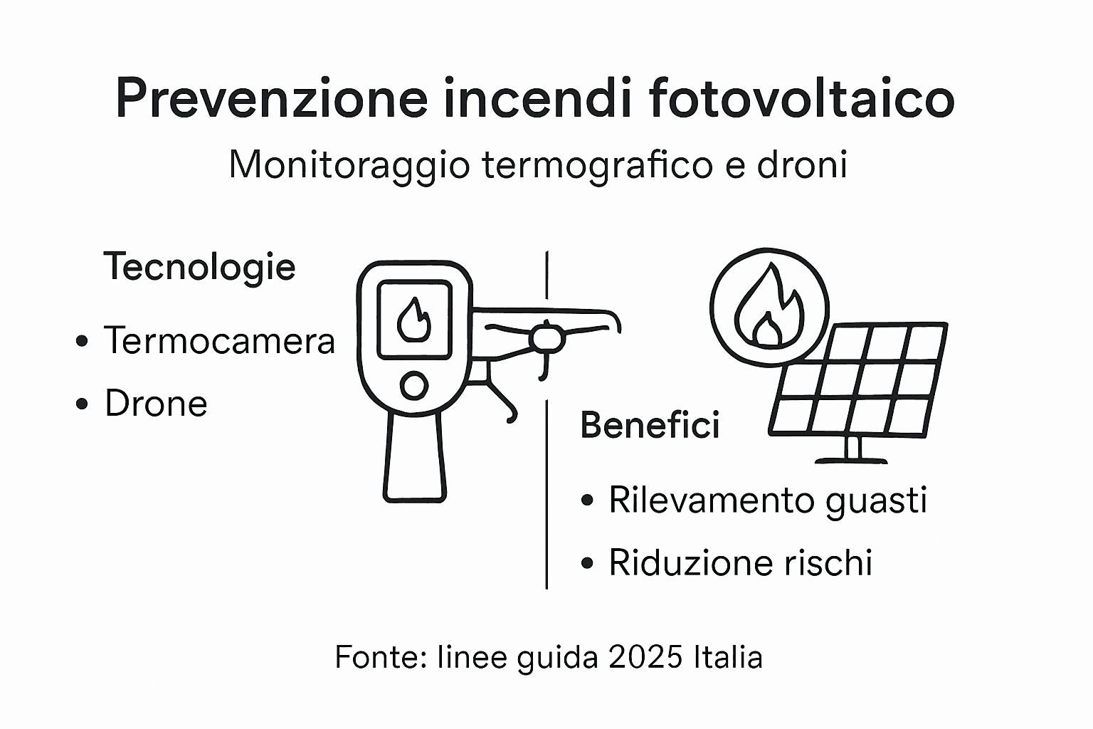 Grafica informativa sull’utilizzo della termografia e dei droni per il monitoraggio degli impianti fotovoltaici