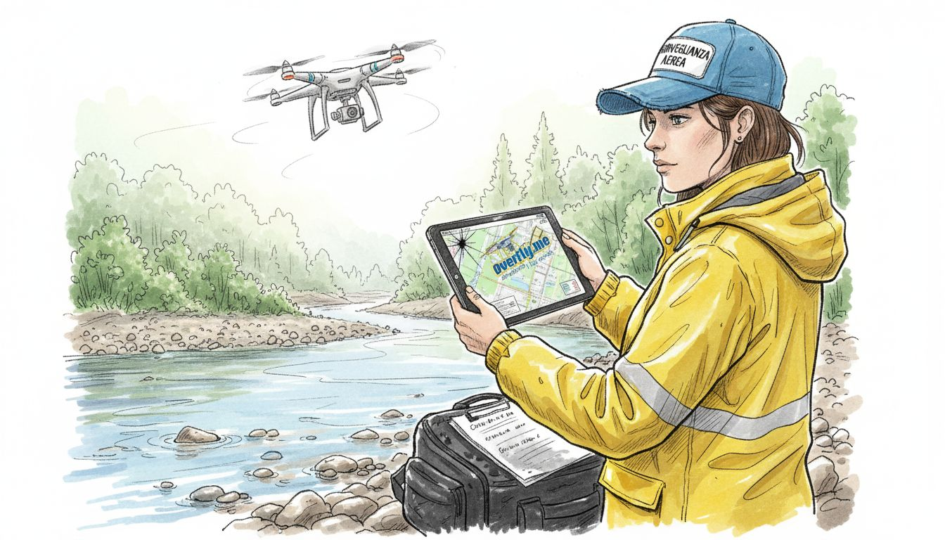Tecnico impegnato nel controllo di un drone che sorvola un fiume italiano