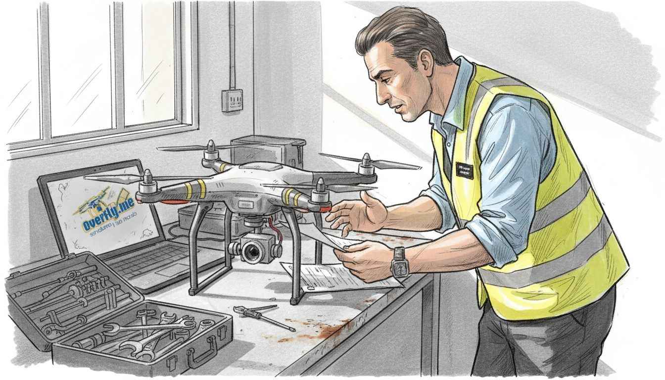 Un tecnico controlla il drone seguendo una checklist posata sul tavolo.