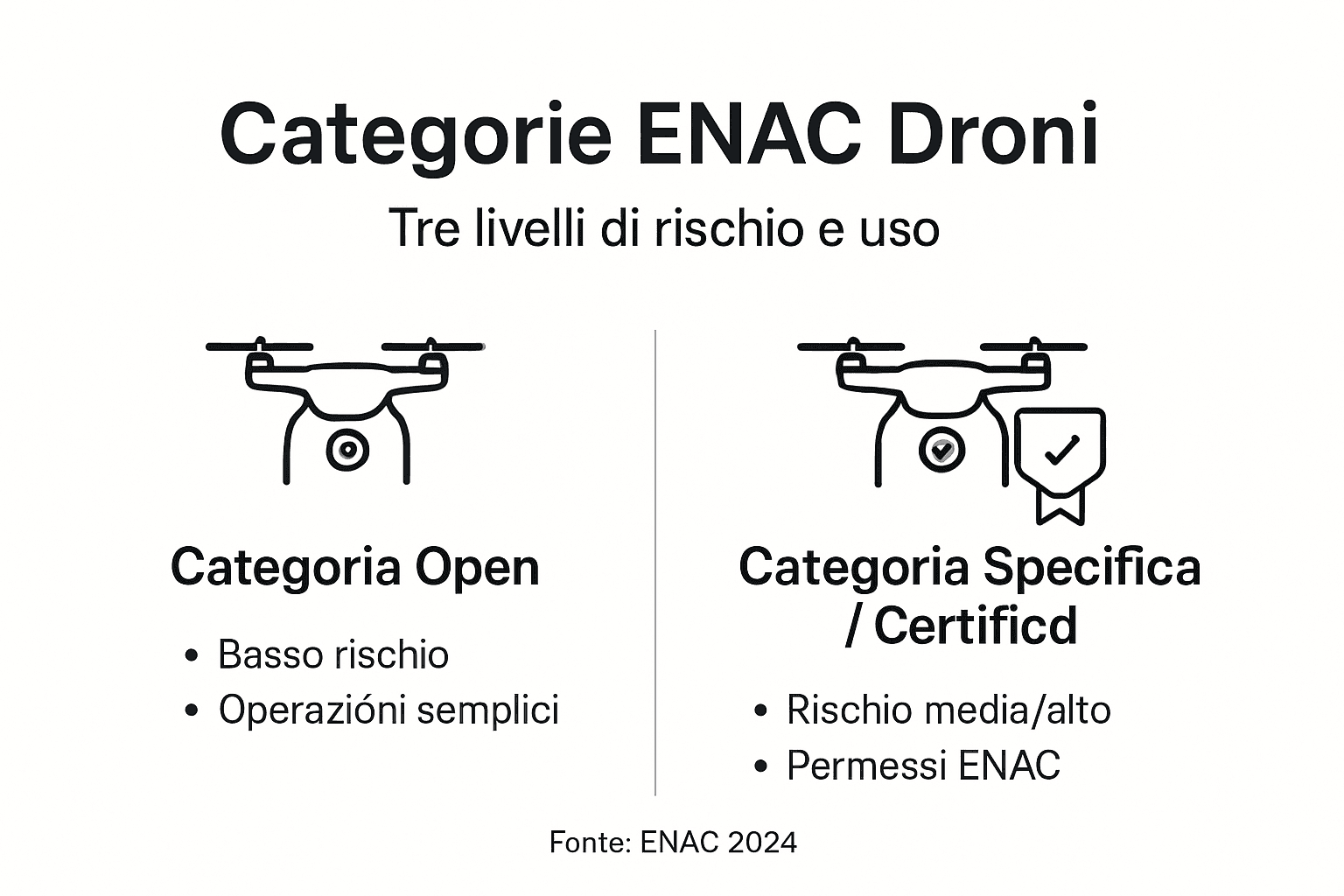 Infografica sulle categorie ENAC dei droni e i relativi livelli di rischio