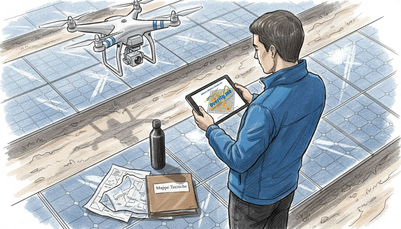 Un tecnico controlla il volo di un drone mentre ispeziona i pannelli solari.
