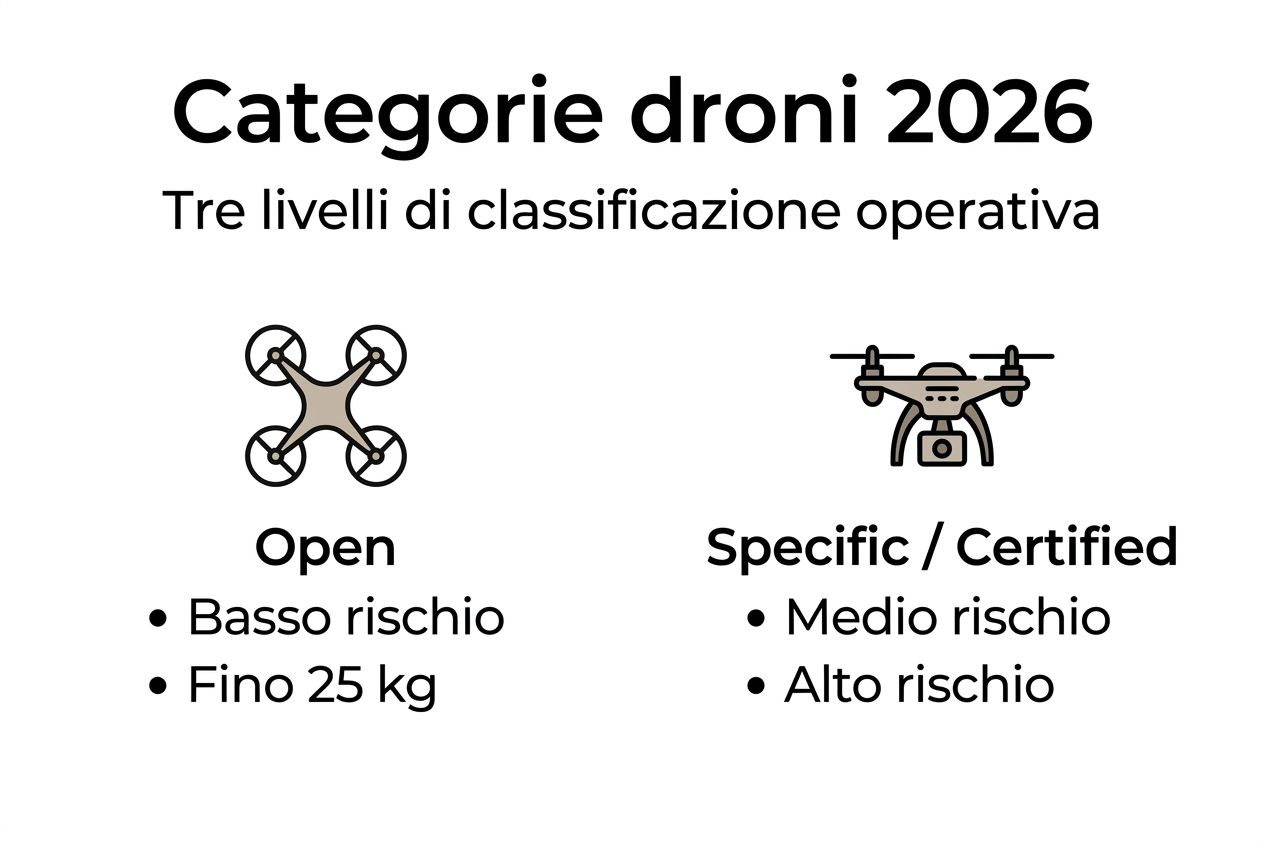 Infografica sulle categorie operative dei droni previste per il 2026