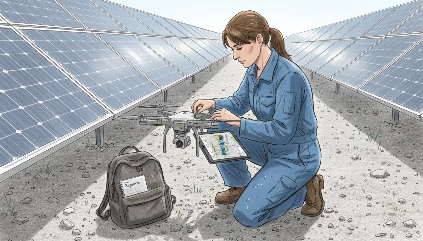 Tecnico specializzato nell’ispezione di pannelli solari con drone termico